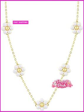 14K Gold Plated Sterling Silver Daisy Necklace, Adjustable Chain, 5 Enamel